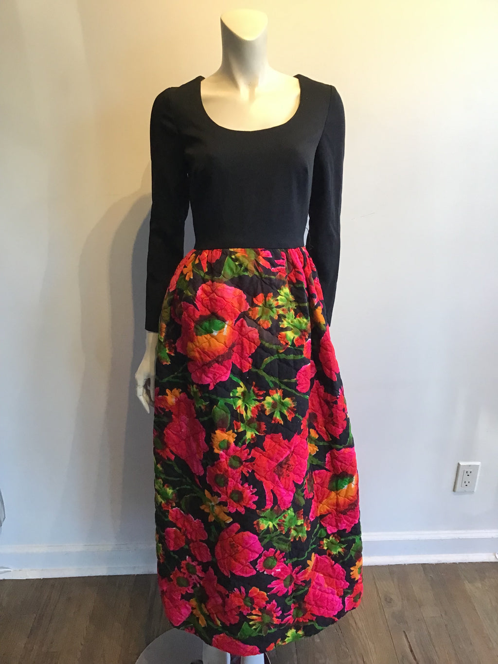 1960’s Black Top with Quilted Floral Skirt Cotton/Crepe Dress Size 6/7