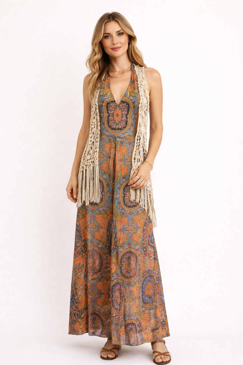 Hippie Paisley Halter Dress with Macrame Vest, 1960's Women's Costume Rental 14 Days / Small to Medium / Orange