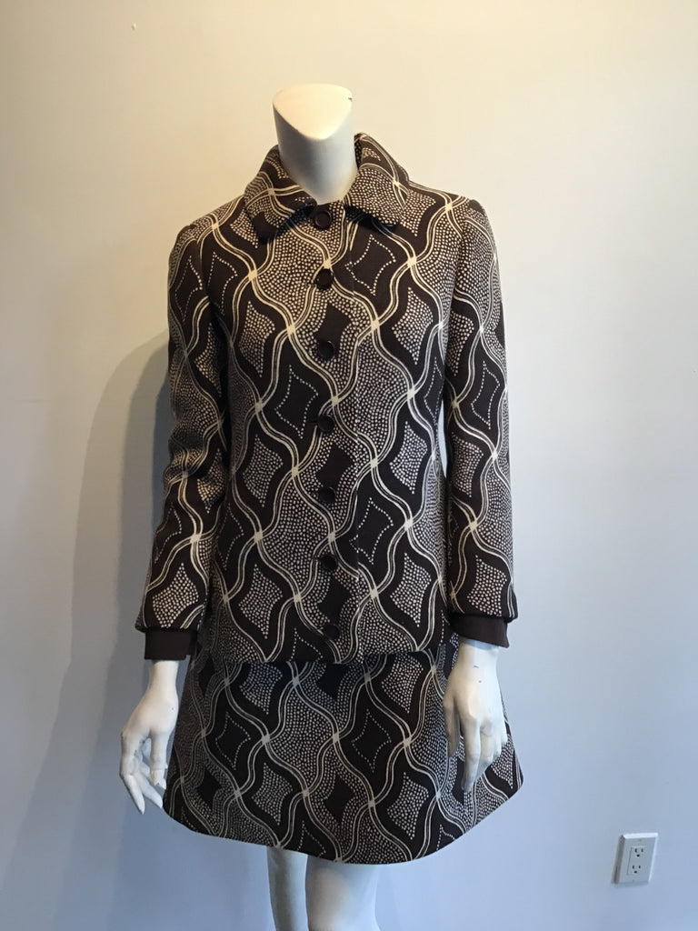 1960s Wool/Wool Crepe Brown Printed Dress with Jacket and Scarf Size 8