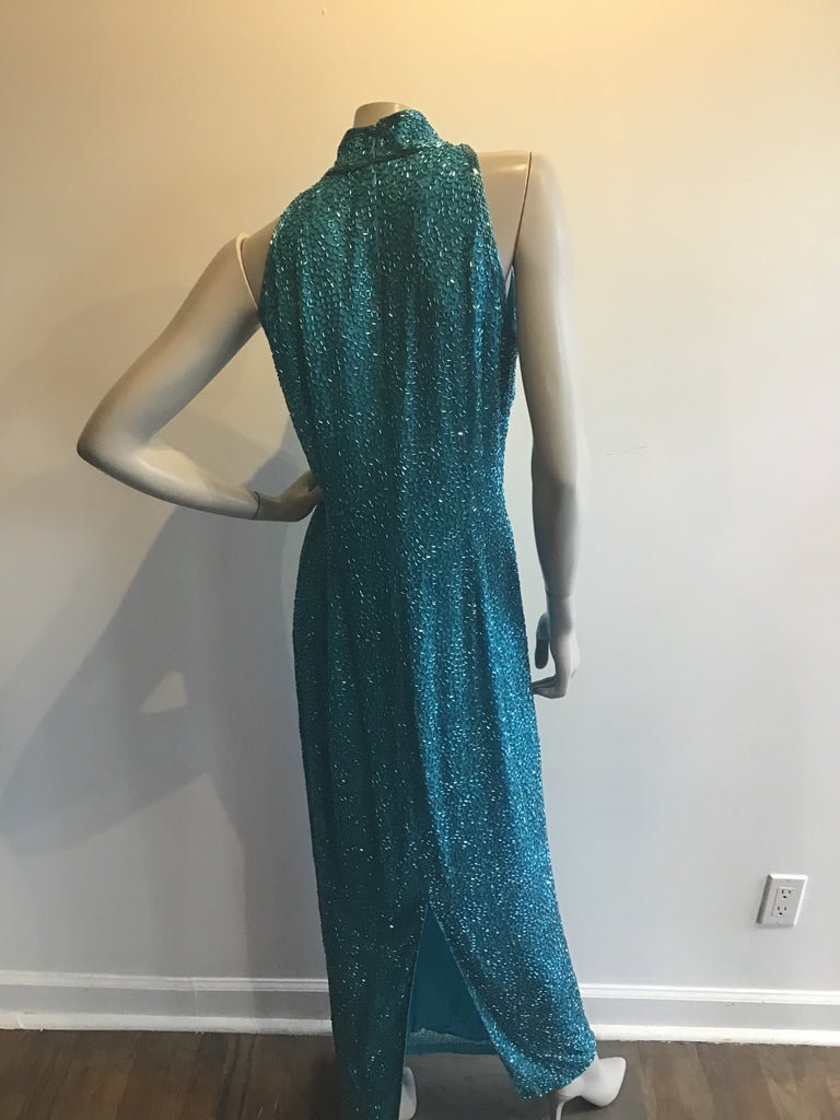 1980s Black Tie by Oleg Cassini Silk Turquoise Entirely Beaded Dress size 10