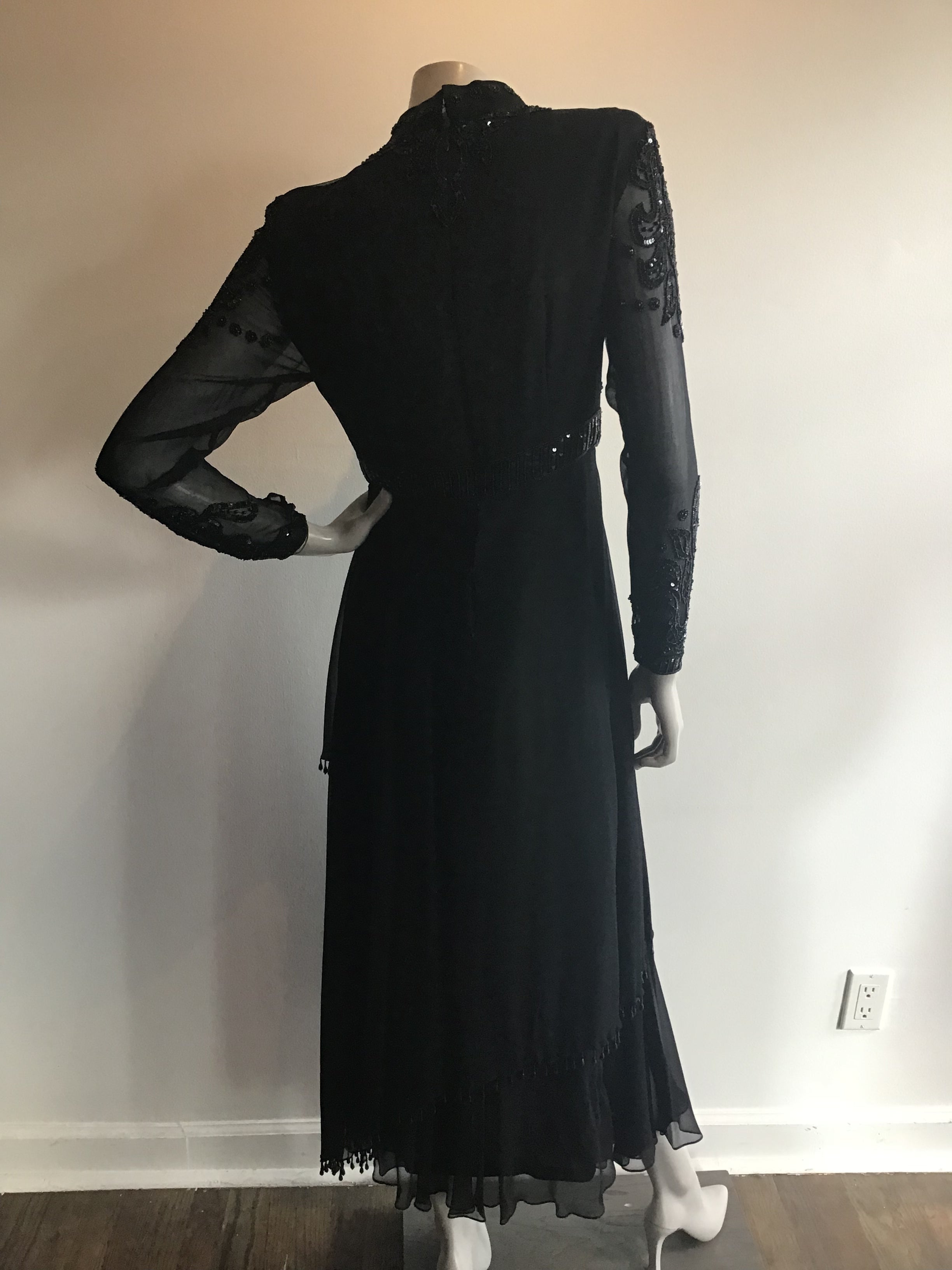 1970's Black Beaded and Sequninned Chiffon Tiered Evening Dress