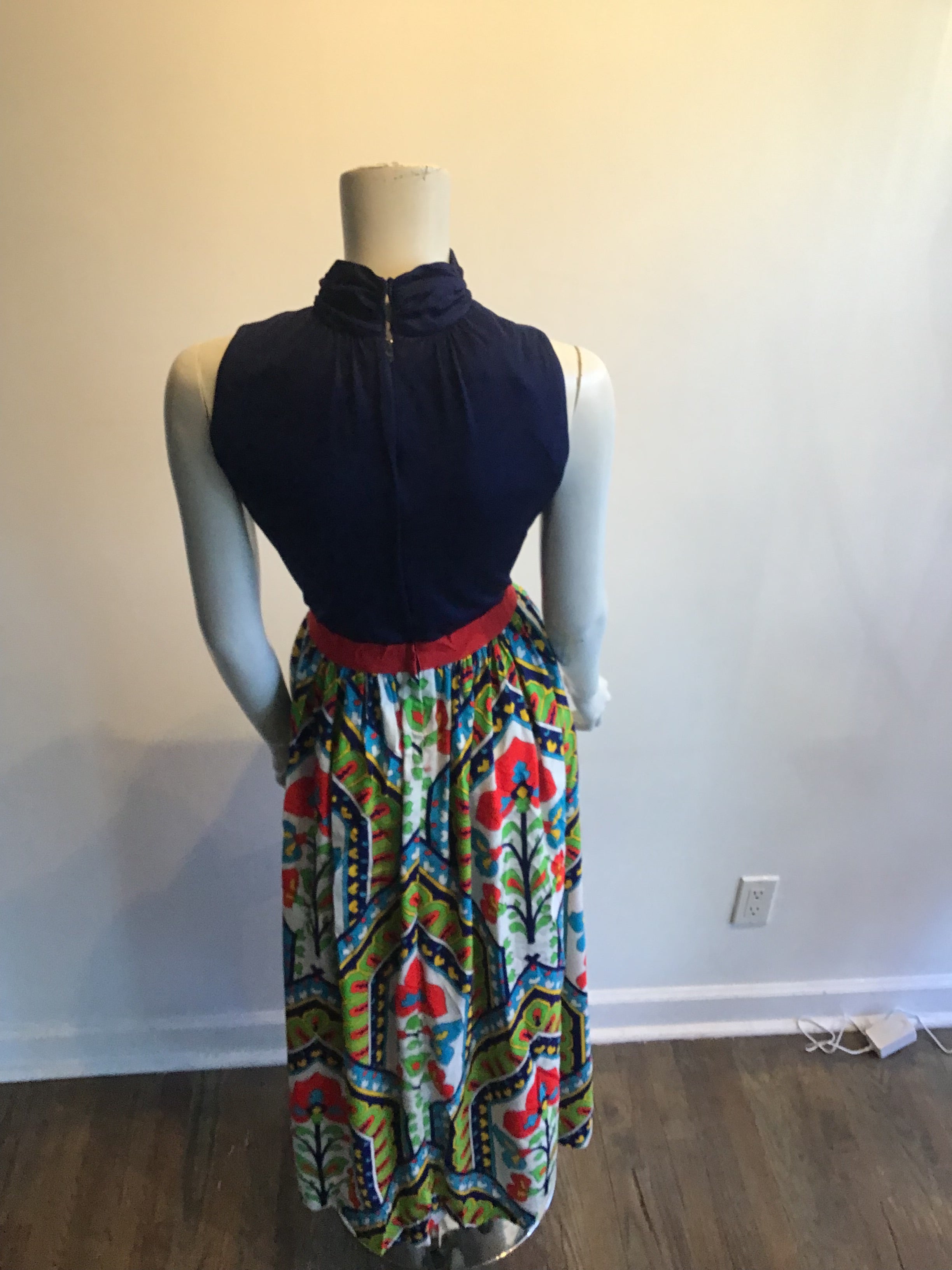 1970’s Craely Navy Blue Top Printed Skirt Polyester Dress Size 4/5
