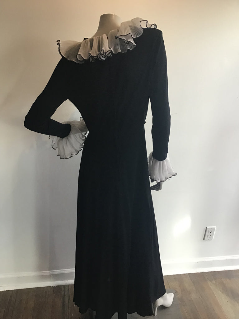 1970's Julie Miller Black Maxi Dress with White Ruffles