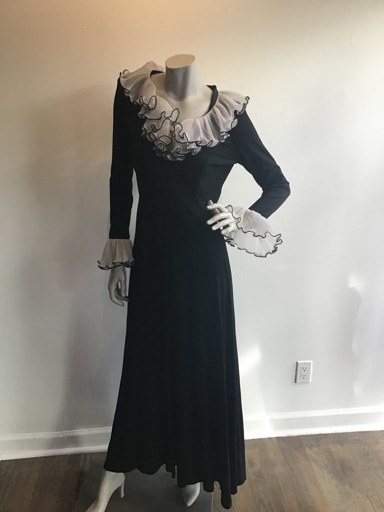 vintage 1970s julie miller black maxi dress with white ruffles 