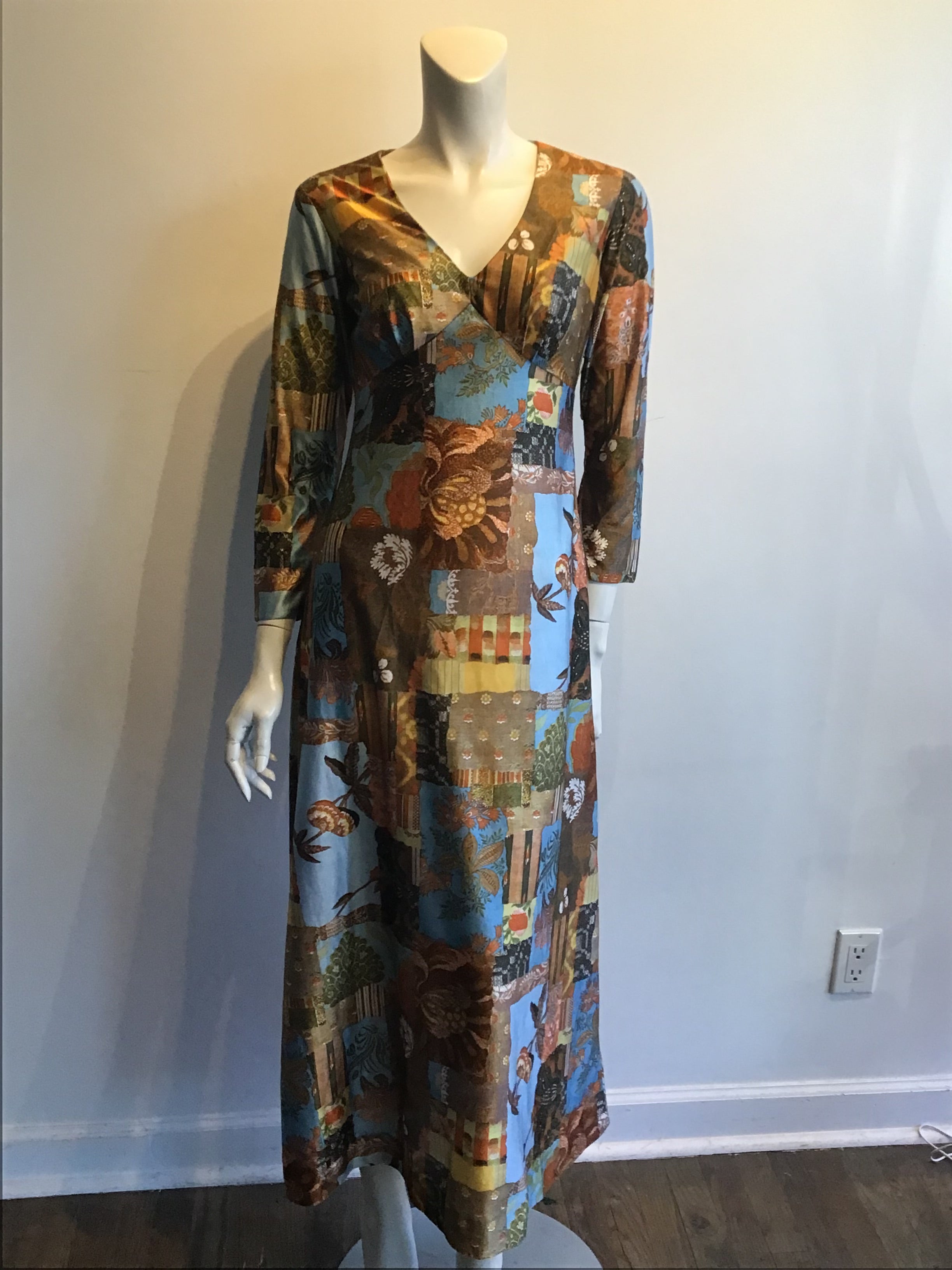 1970’s Keone Blue/Brown Printed Maxi Dress Size 8/9
