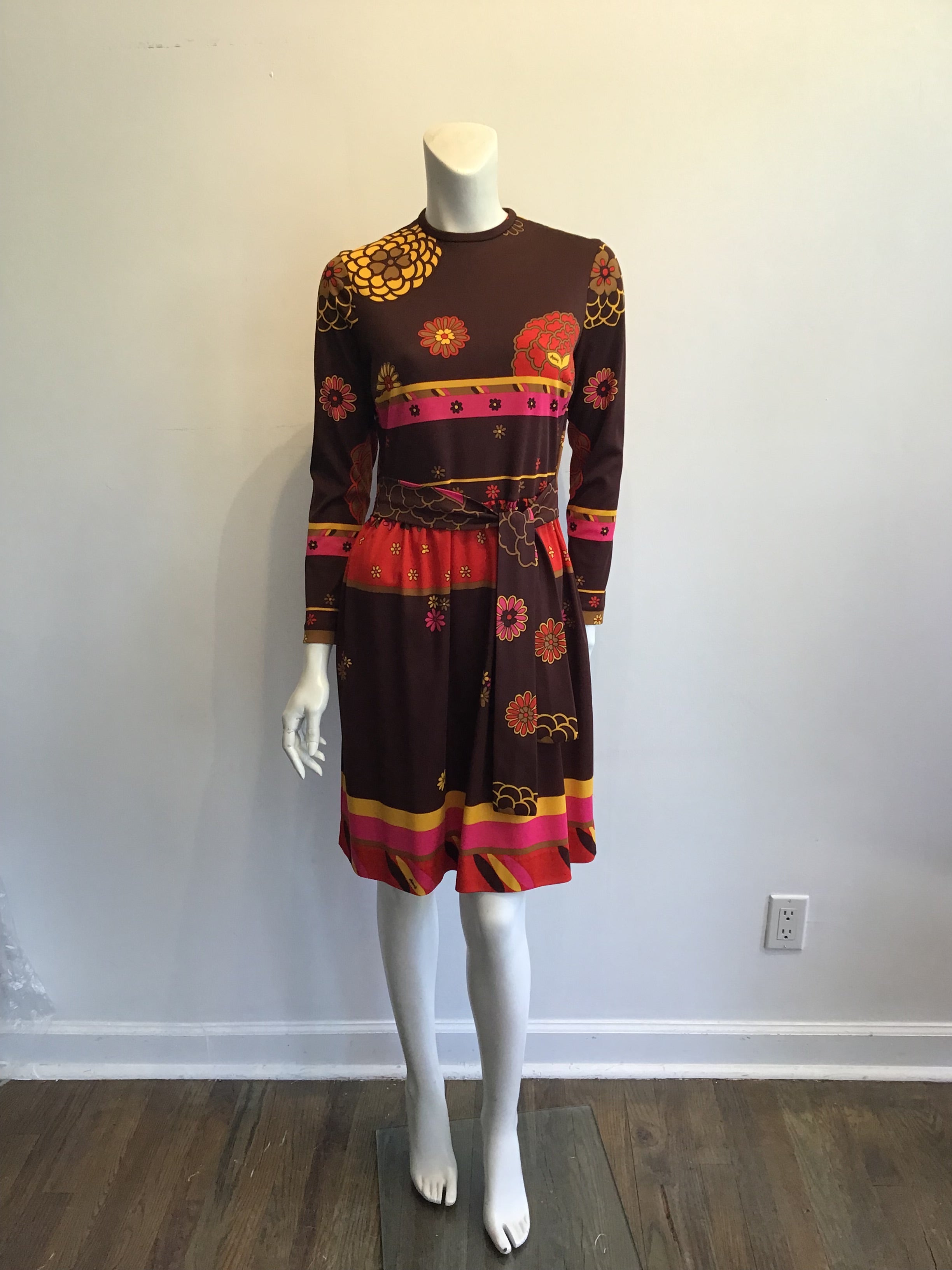 1970s Artemis Polyester Blend Brown Multicolor Dress Size 10
