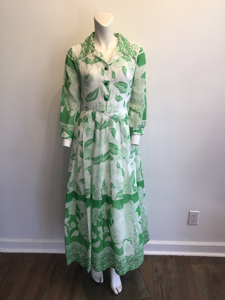 1970s Cotton Blend Chiffon Green and White Printed Maxi Dress Size 8