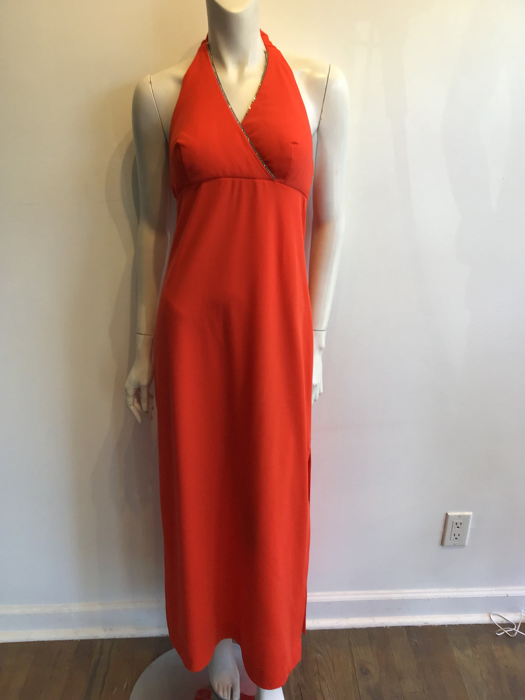 1970s  Jack Harley Polyester Halter Dress with Rhinestone trim Size 6