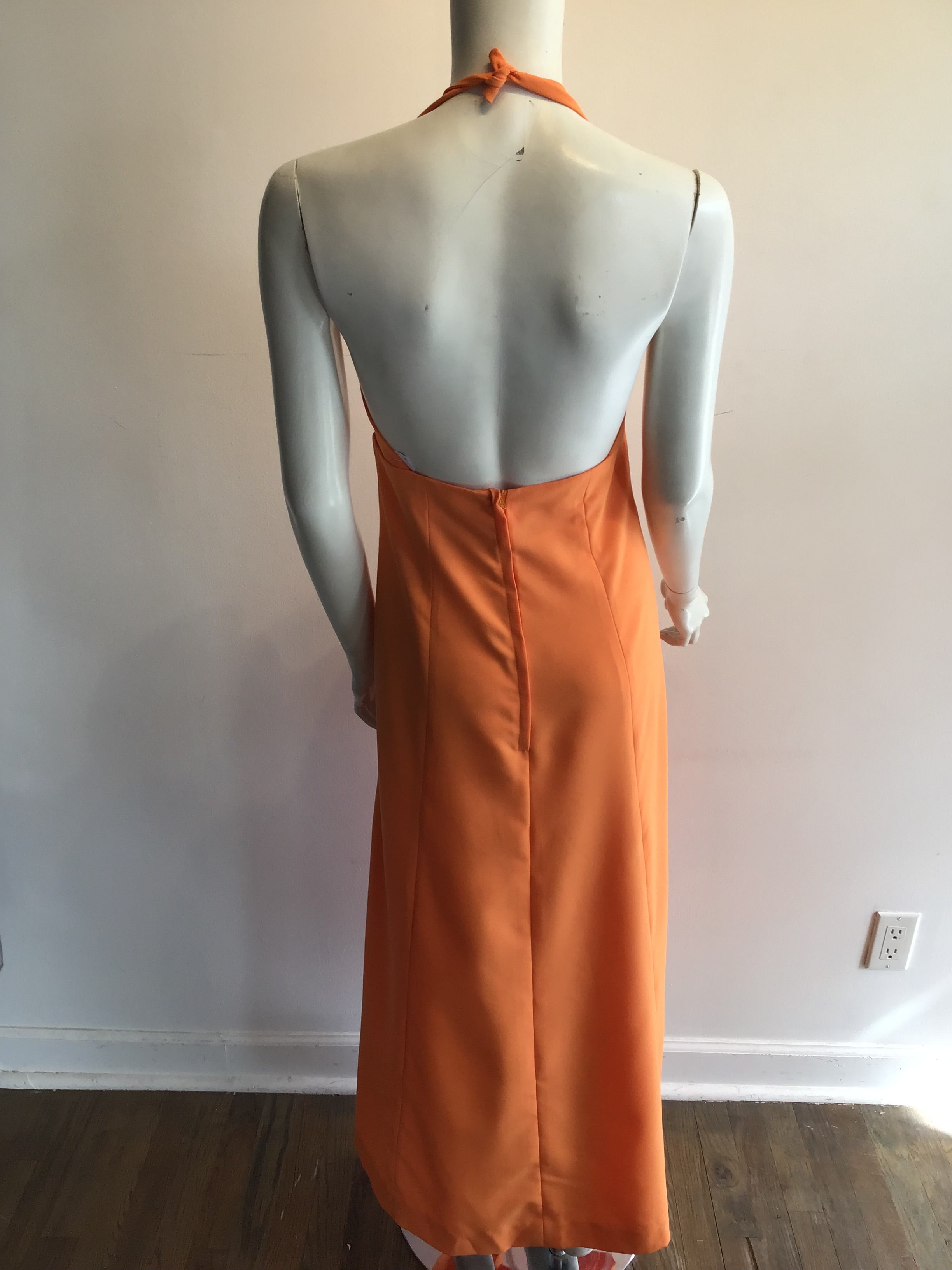 1970s Peach Polyester Halter Dress Size 8
