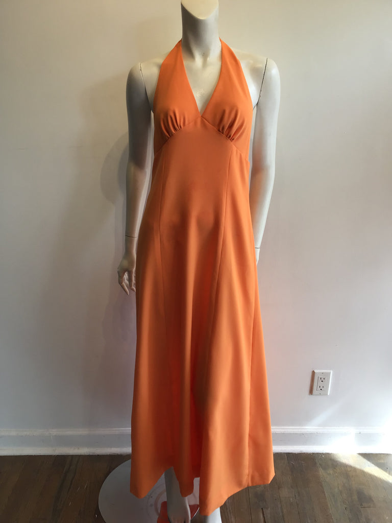 1970s Peach Polyester Halter Dress Size 8