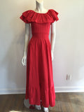 1970s Red Polyester Dress with Ruffle Neckline size 2