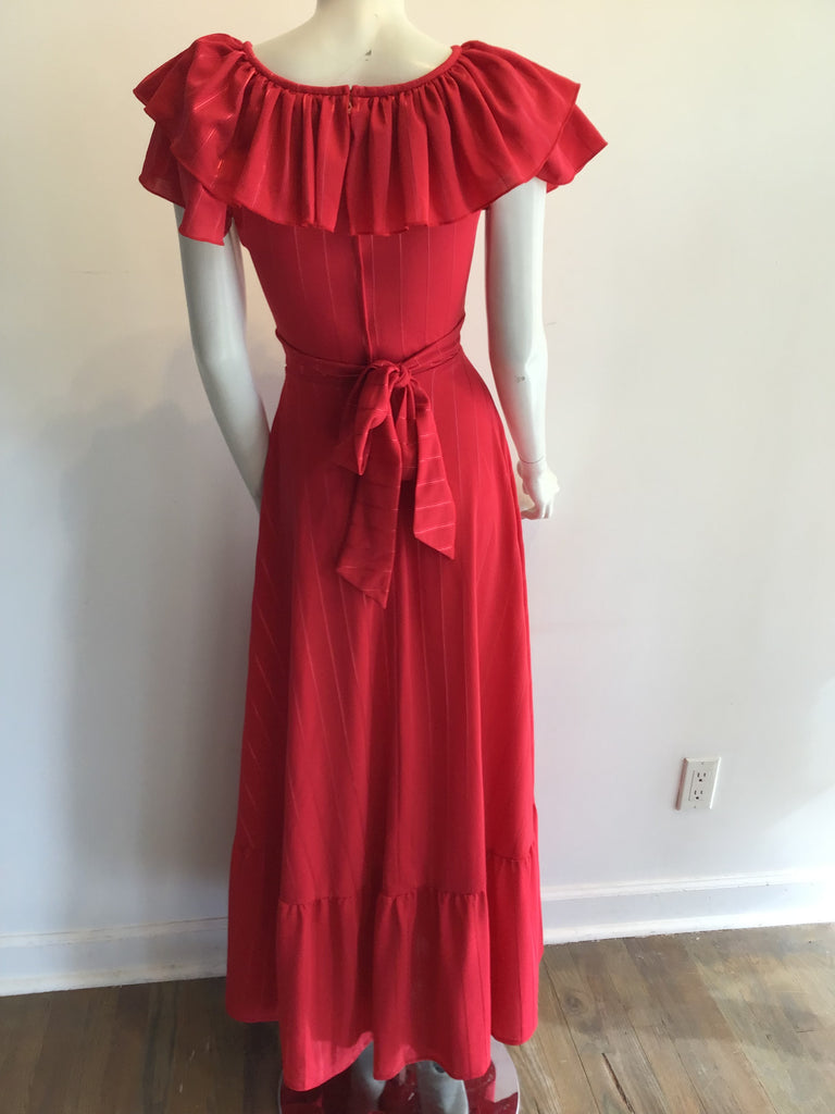 1970s Red Polyester Dress with Ruffle Neckline size 2