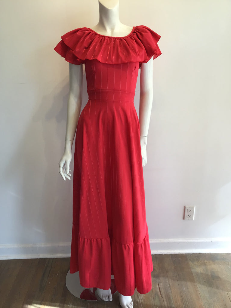 1970s Red Polyester Dress with Ruffle Neckline size 2
