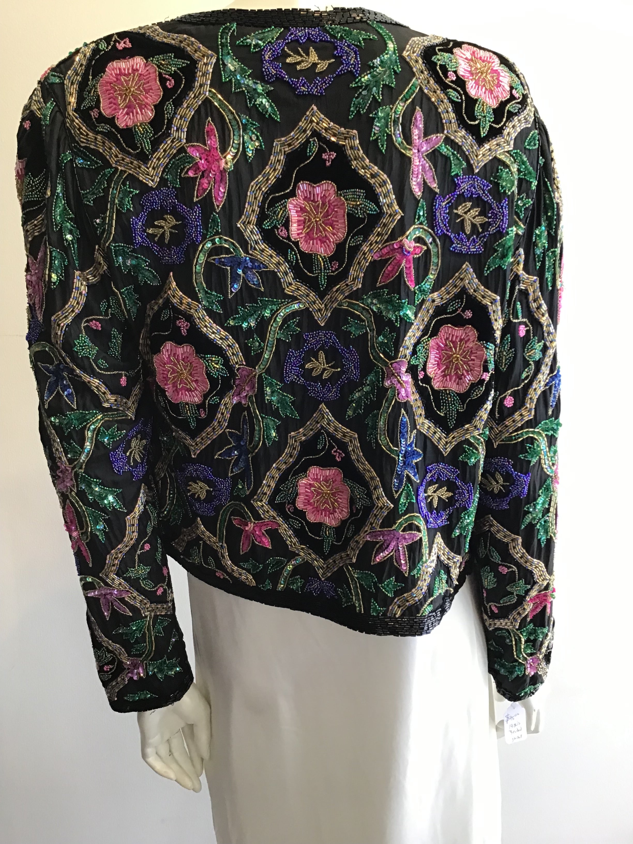 1980’s Black Silk Floral Beaded Evening Jacket Size 6