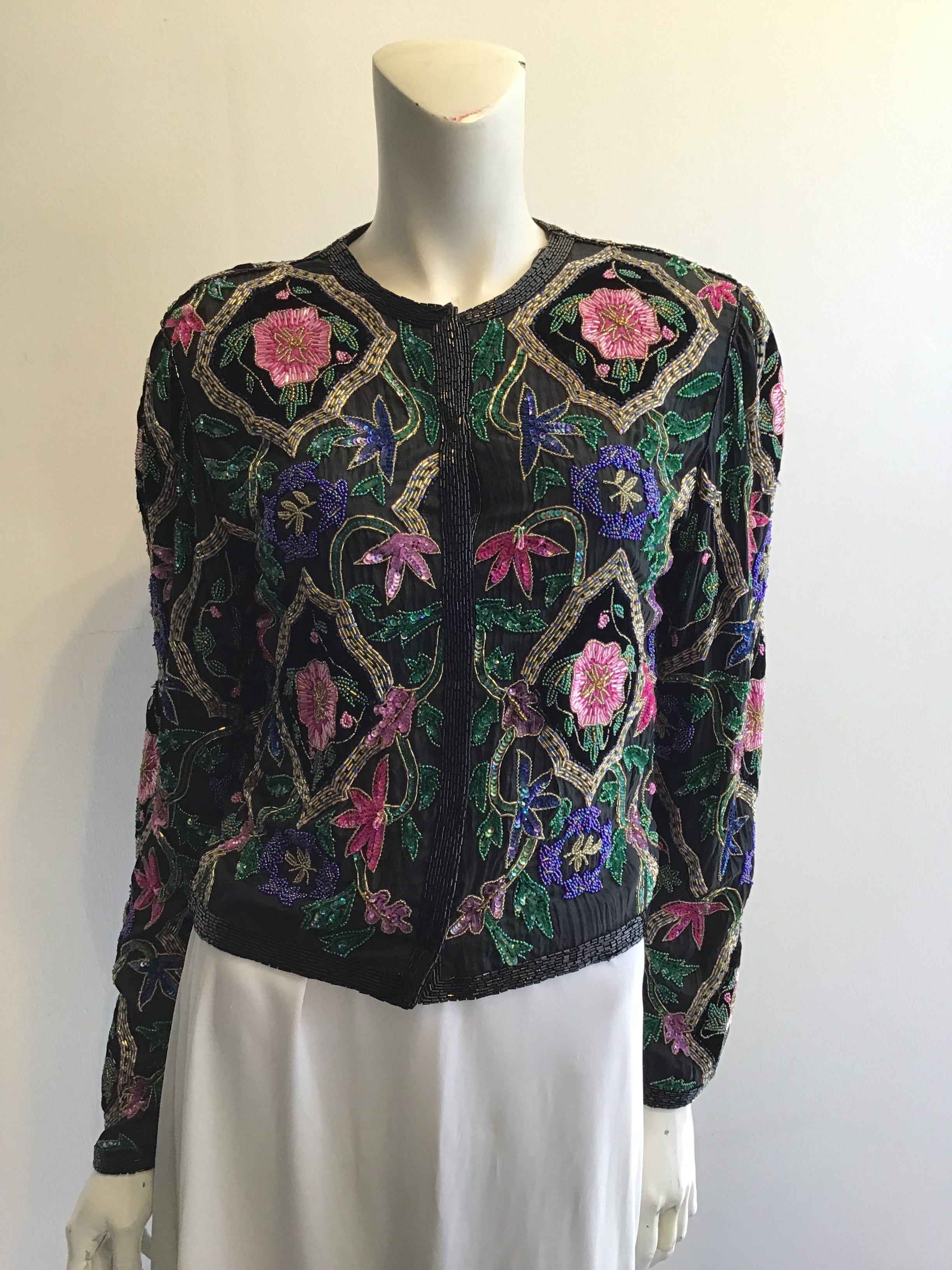 1980’s Black Silk Floral Beaded Evening Jacket Size 6