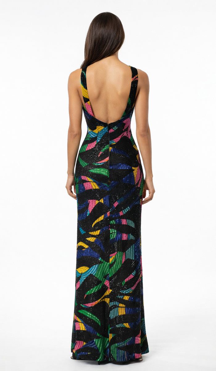 1980's Michael Novarese Beaded Black Multicolor Halter Dress-size 6