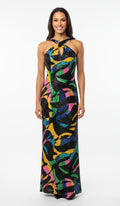 1980's Michael Novarese Beaded Black Multicolor Halter Dress-size 6
