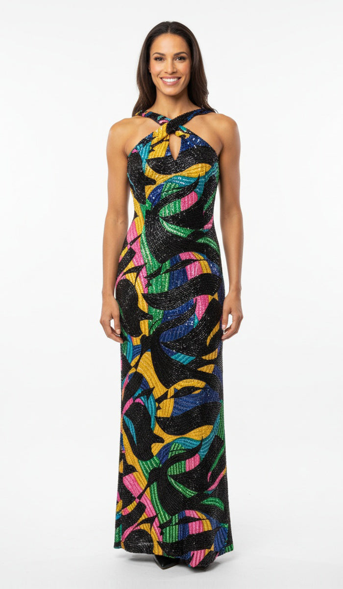 1980's Michael Novarese Beaded Black Multicolor Halter Dress-size 6