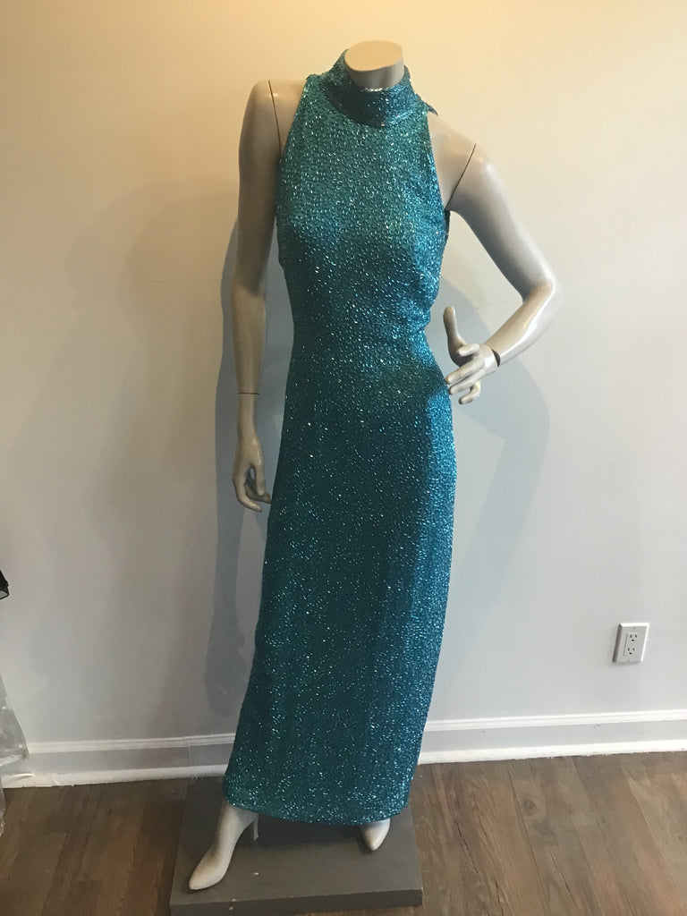 1980s Black Tie by Oleg Cassini Silk Turquoise Entirely Beaded Dress size 10