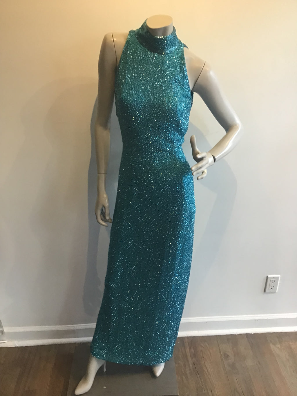 1980s Black Tie by Oleg Cassini Silk Turquoise Entirely Beaded Dress size 10