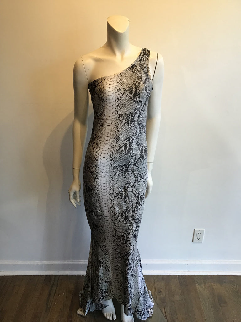 patrick kelly 1980s white python print on shoulder gown