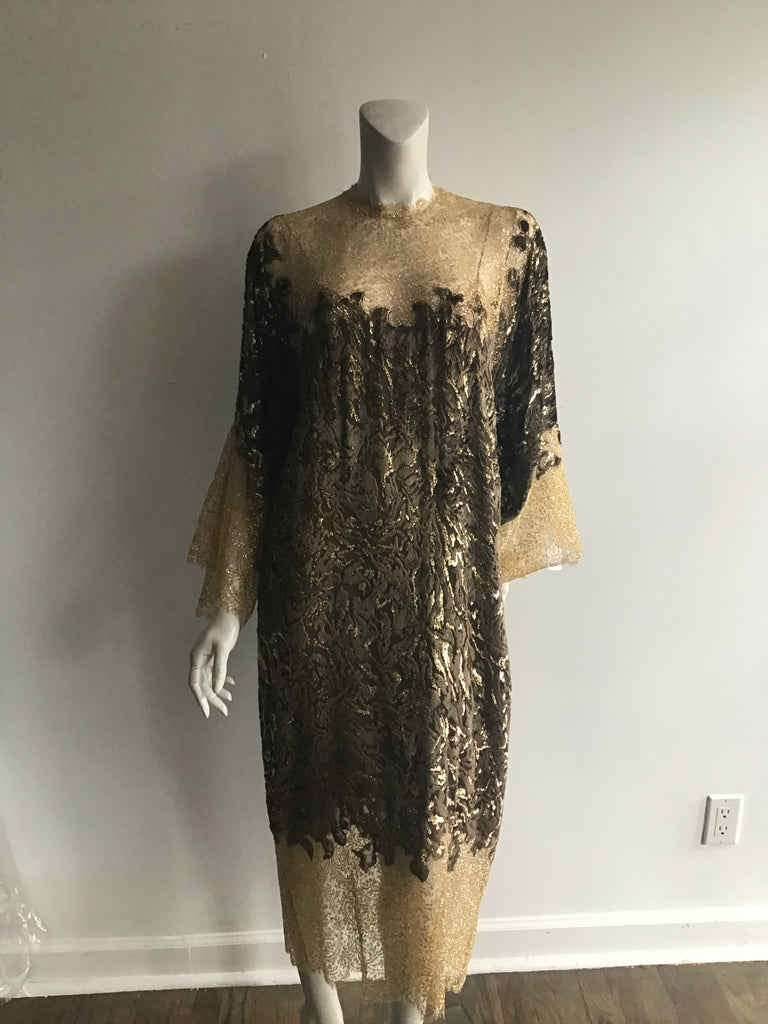 1980s Oscar de La Renta Gold Lace and Flocked Velvet Chemise Style Cocktail Dress with belt Size 8