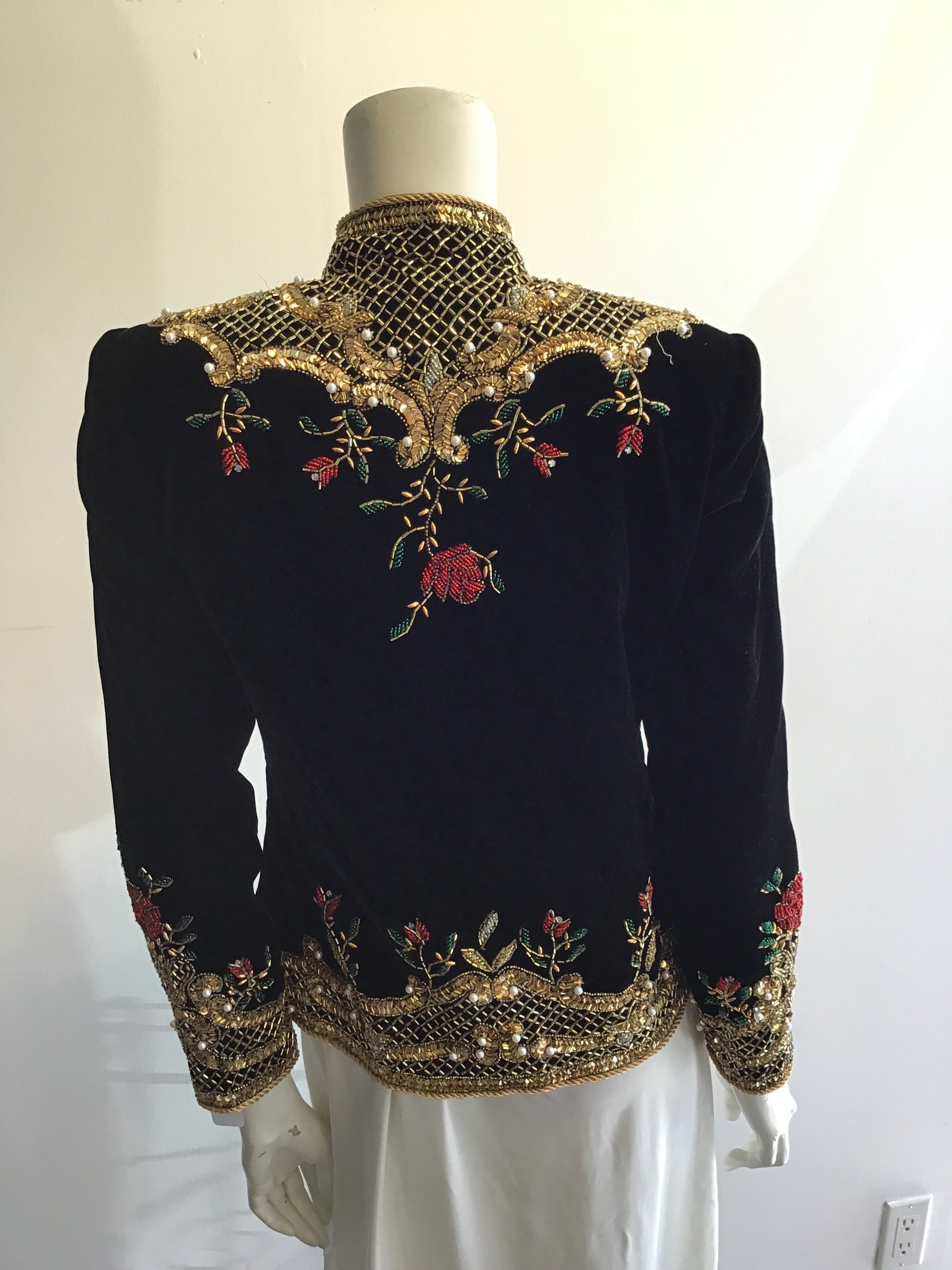 1980s  S. Aton Black Beaded Rayon Velvet  Evening Jacket Size 6