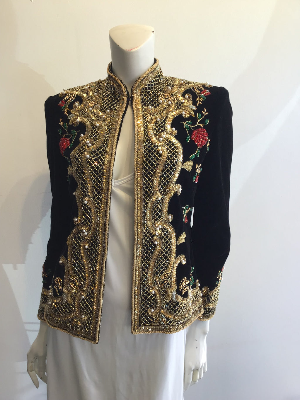 1980s  S. Aton Black Beaded Rayon Velvet  Evening Jacket Size 6