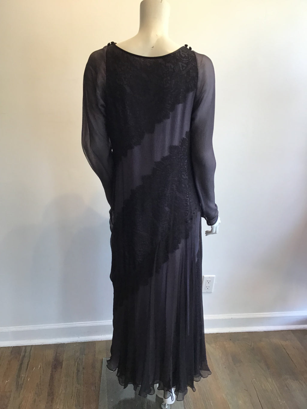 1990's  Bob Mackie Black and Lavender Silk Chiffon Dress with lace Size 10