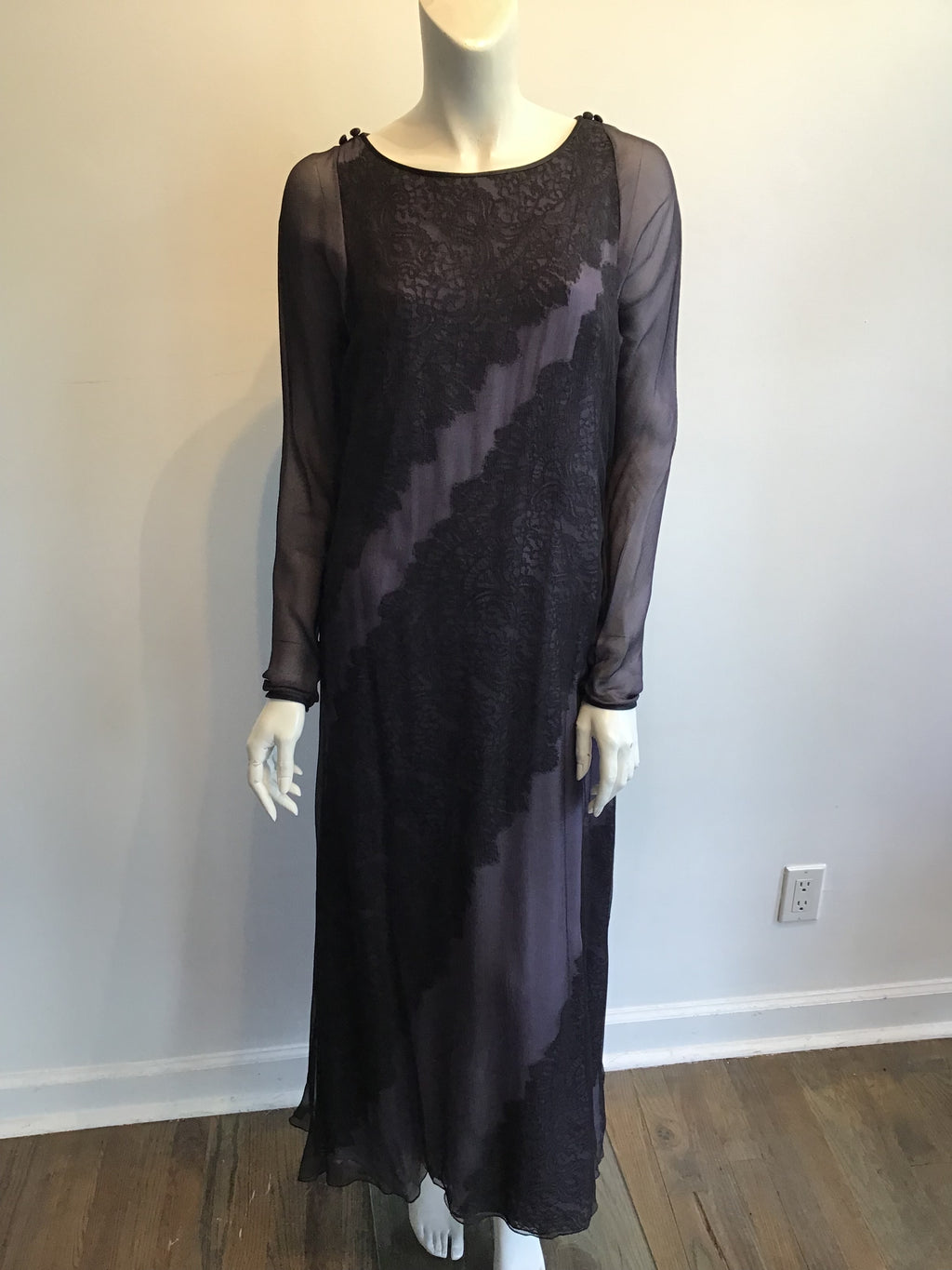 1990's  Bob Mackie Black and Lavender Silk Chiffon Dress with lace Size 10