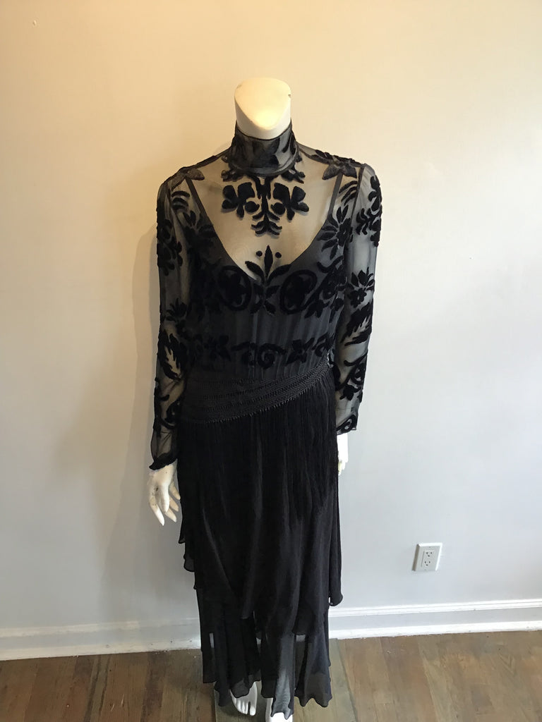 1990s Ralph Lauren Rayon and silk Evening Dress with Fringe Size 6