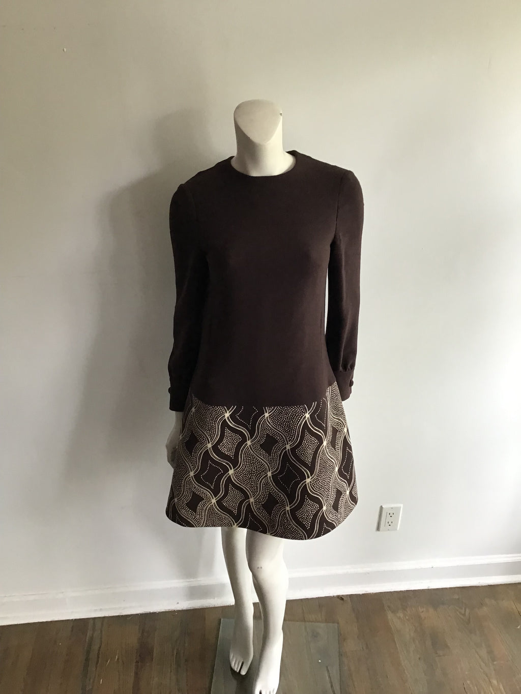 1960s Wool/Wool Crepe Brown Printed Dress with Jacket and Scarf Size 8