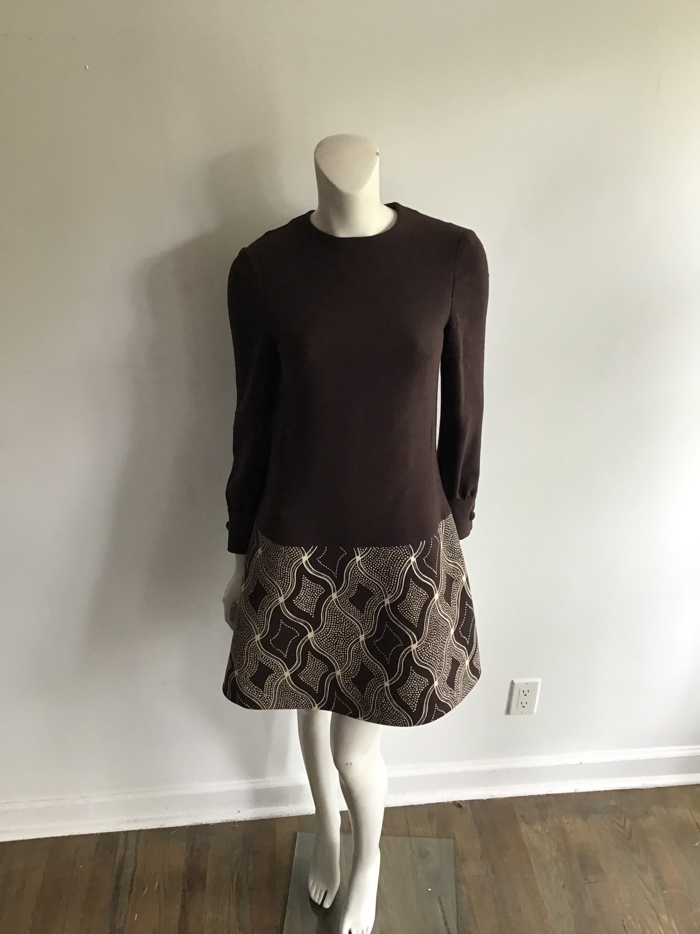 1960s Wool/Wool Crepe Brown Printed Dress with Jacket and Scarf Size 8