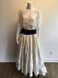 Late 1970’s white Silk Blend Evening Dress with Navy Sash Size 4