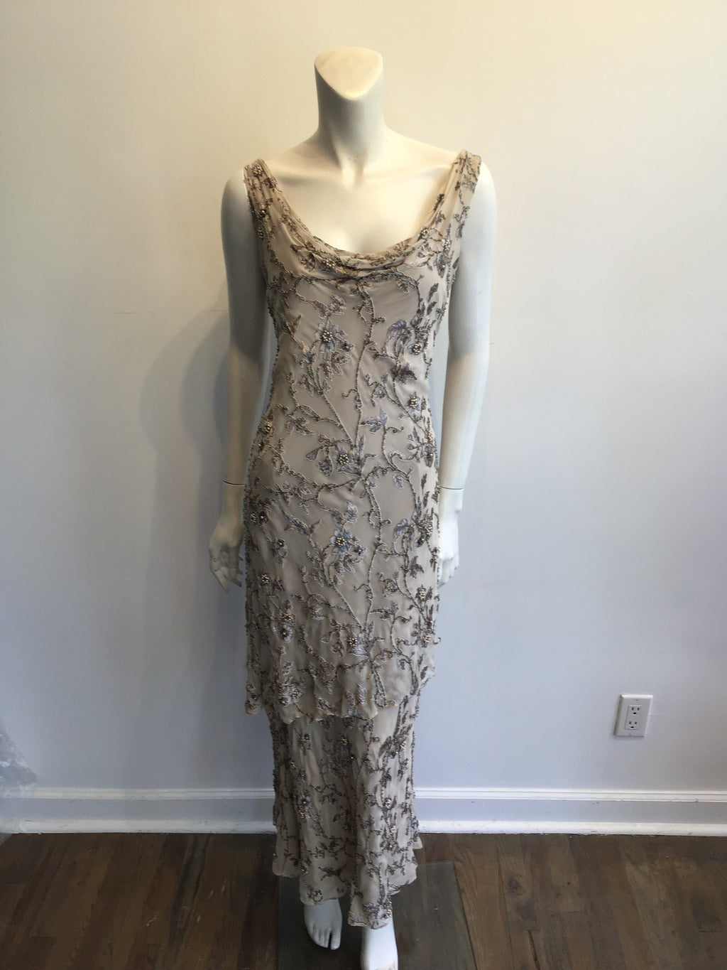 1990s Victoria Royal Taupe Silk Evening Gown Size 16