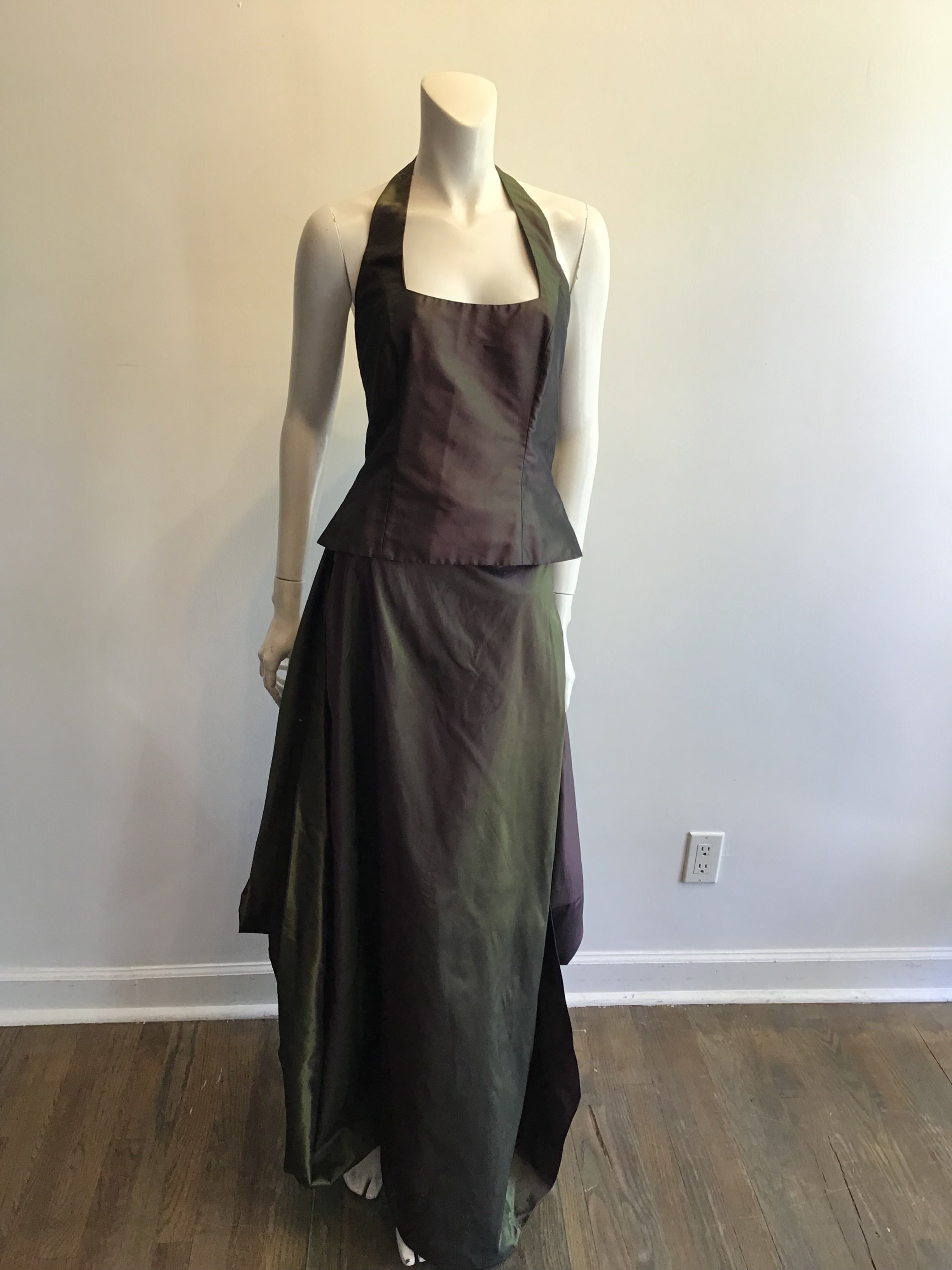 1990’s Maria Pinto Silk Taffeta Green/Purple 3 Piece Evening Ensemble Size 6