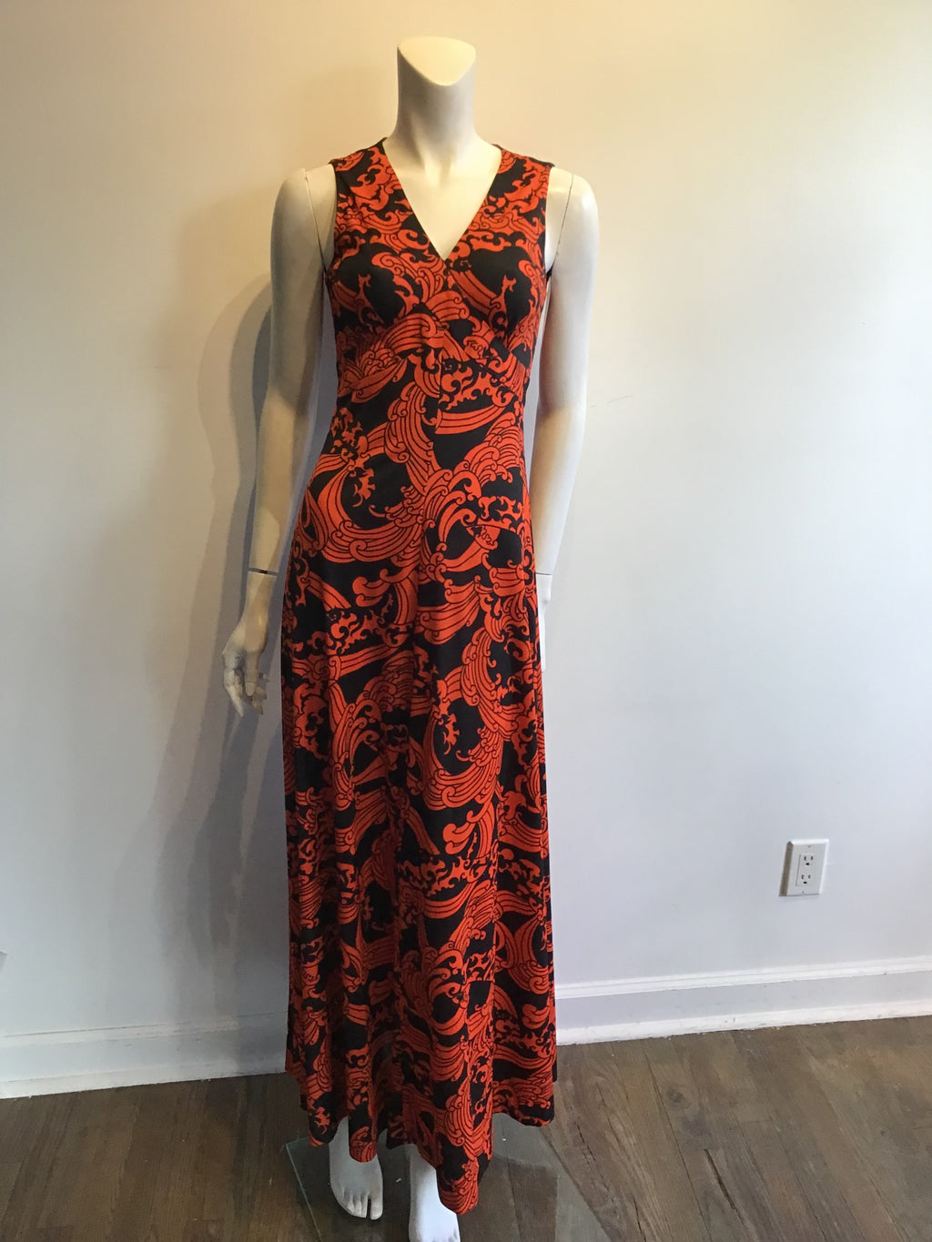 1970’s Orange and Black Printed Polyester Maxi Dress Size 6