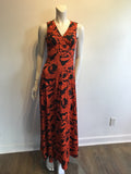 1970’s Orange and Black Printed Polyester Maxi Dress Size 6