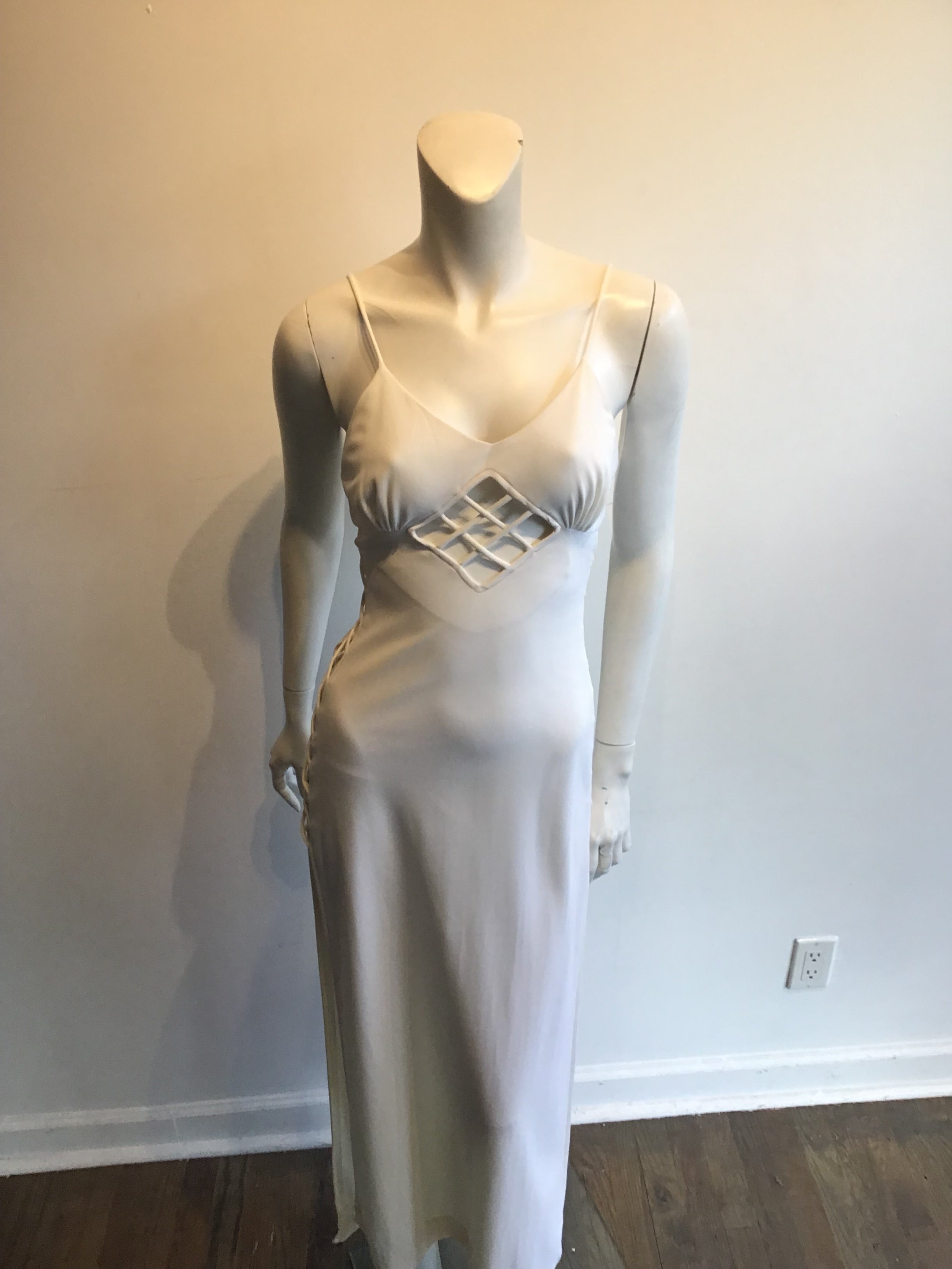 1960s Sultry Cream Rayon"Bond Girl" Dress with Crisscross Cutouts on the Sides Size 2/3