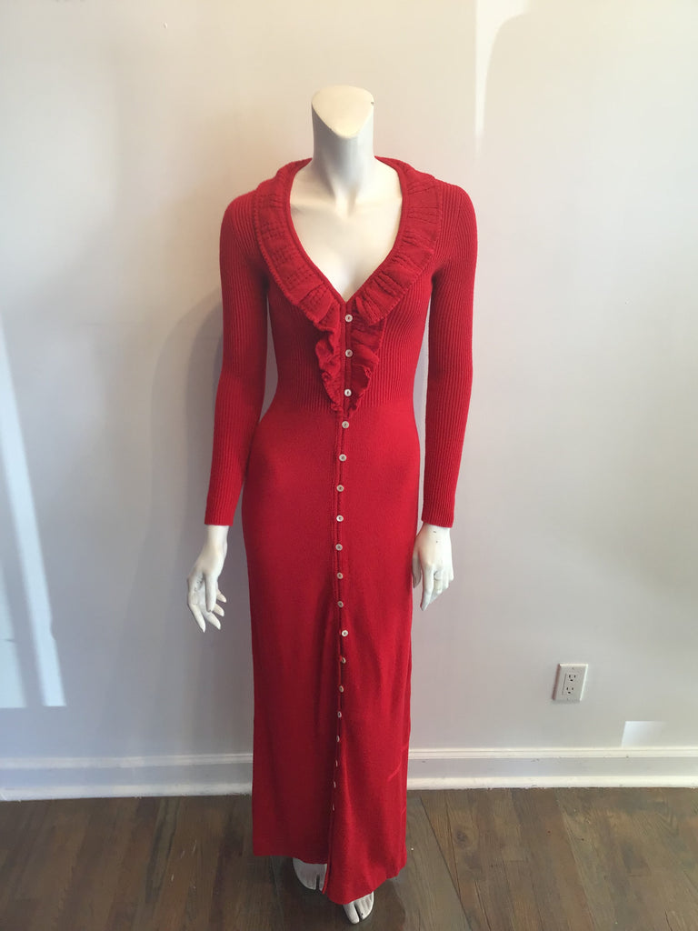 vintage 1970s red acrylic knitted maxi dress with ruffled colar