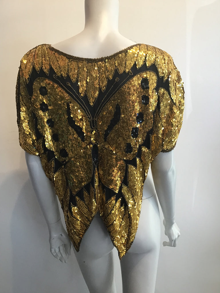 1980s Gold on Black Silk Sequined Butterfly Top Size 8 to 10