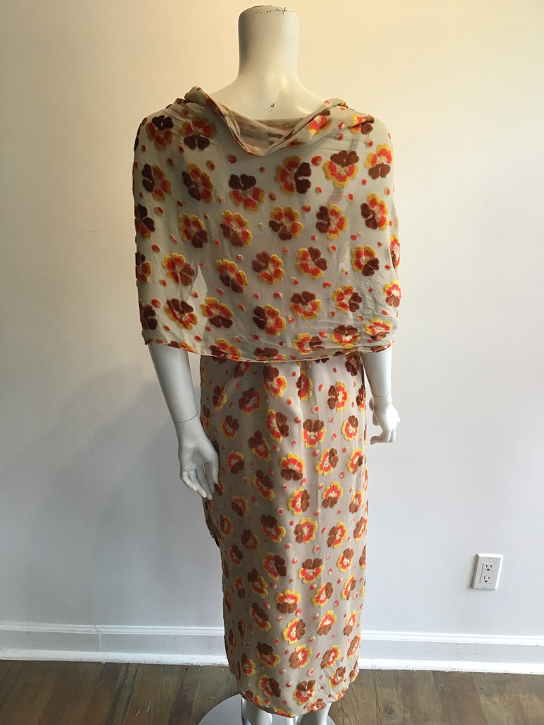 1960’s Taupe Floral Silk Flocked Velvet Strapless Dress Size 8
