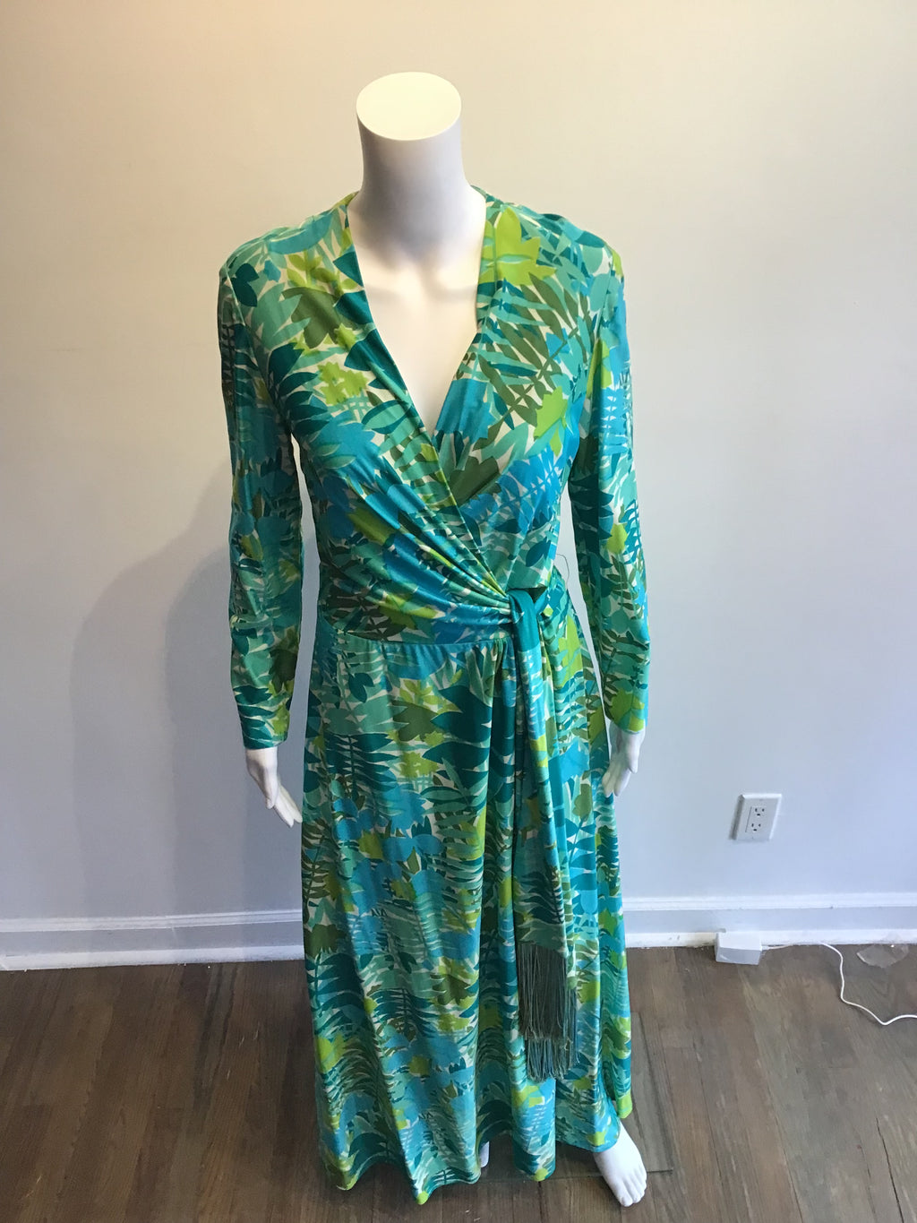 1970’s Rona Turquoise and Green Polyester Maxi Dress Size 8
