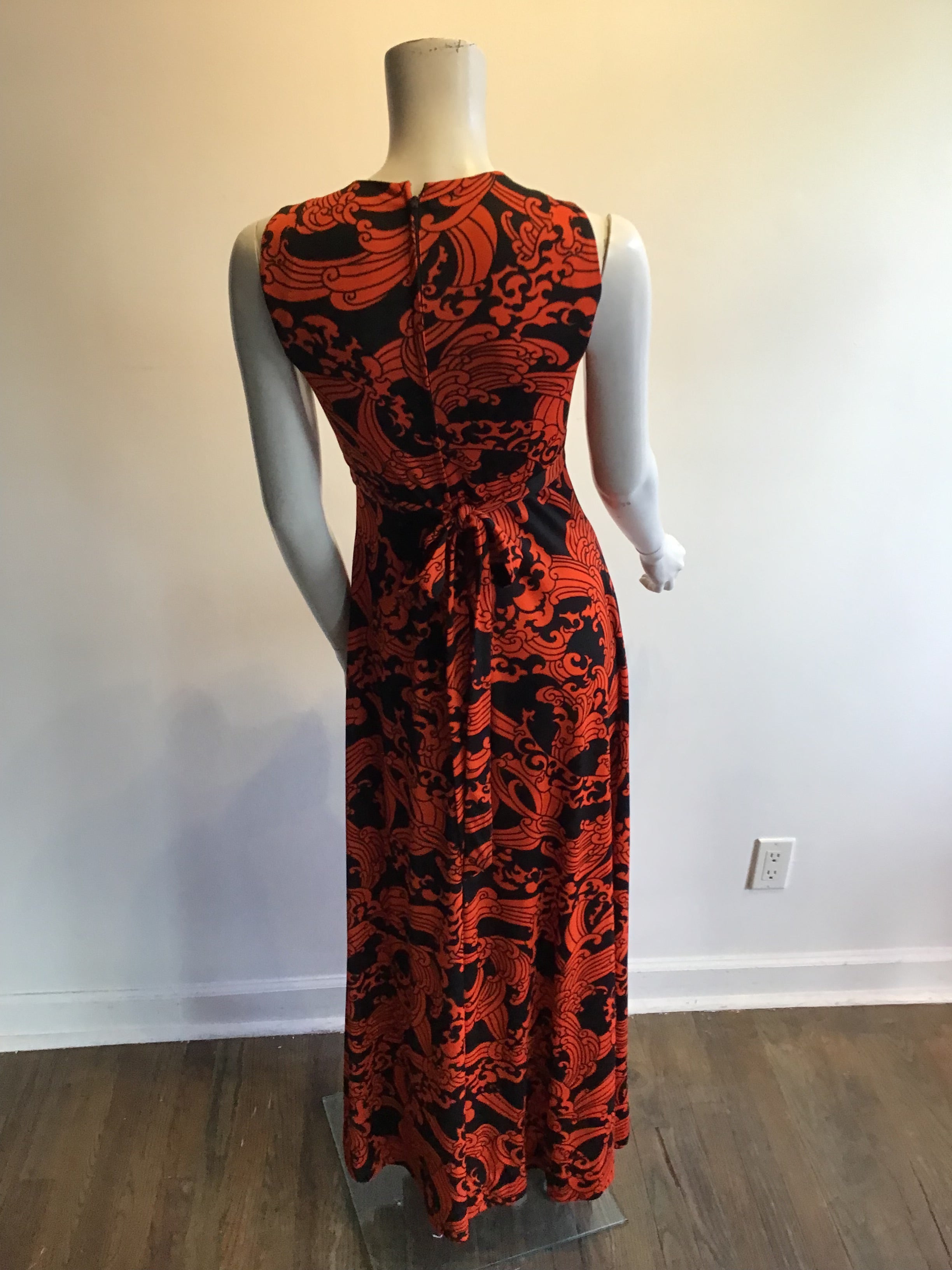 1970’s Orange and Black Printed Polyester Maxi Dress Size 6