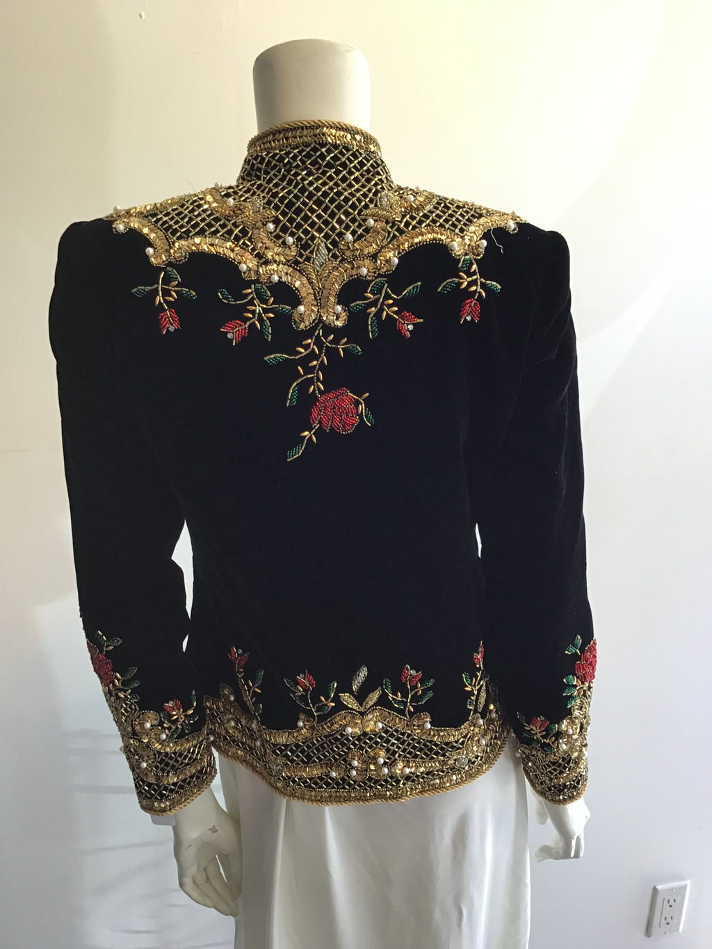 1980s  S. Aton Black Beaded Rayon Velvet  Evening Jacket Size 6