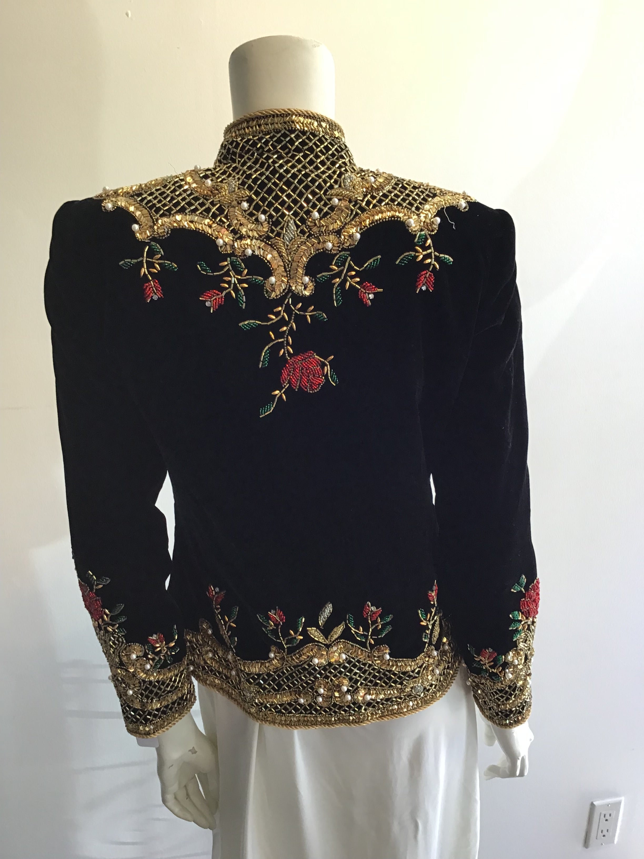 1980s  S. Aton Black Beaded Rayon Velvet  Evening Jacket Size 6