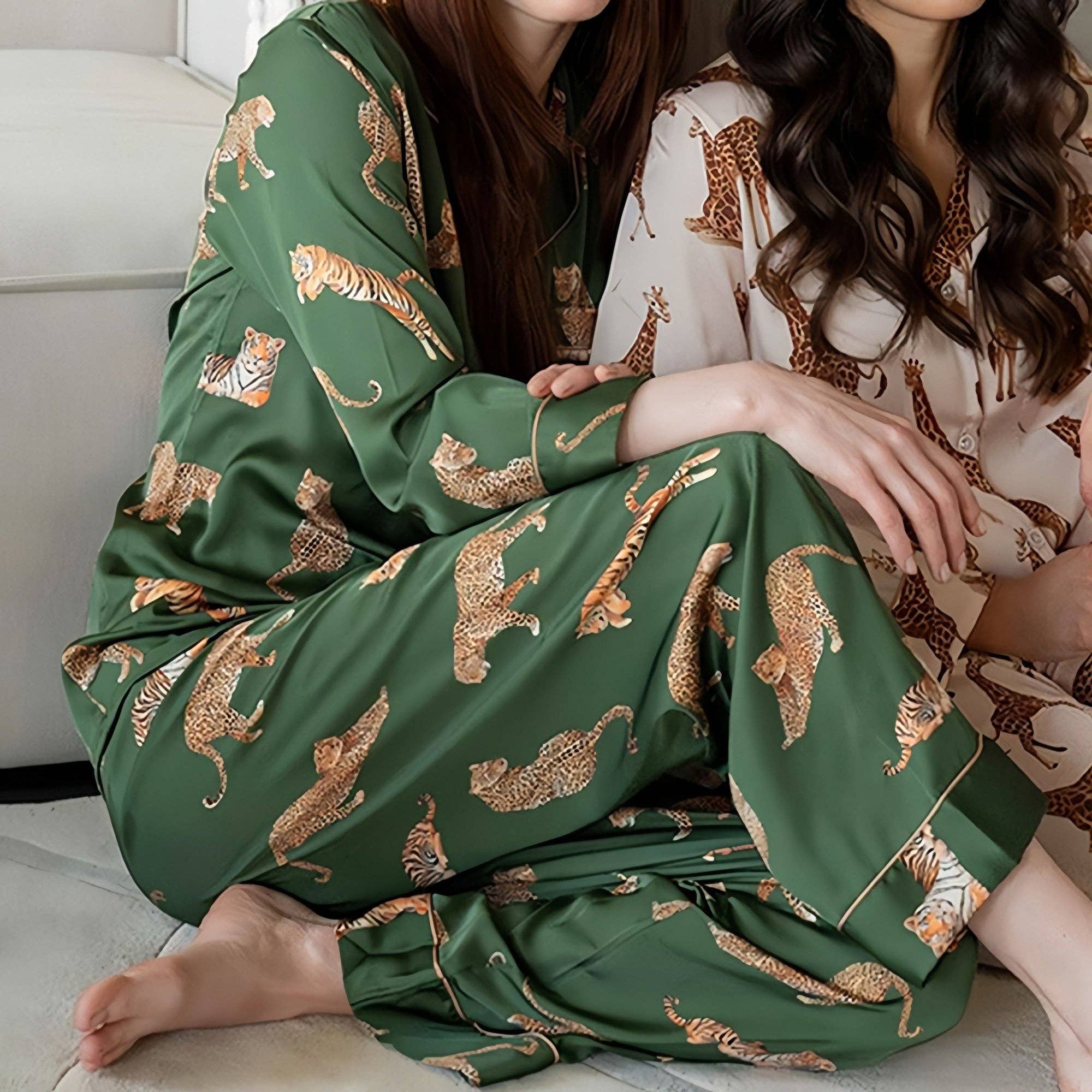 Long Sleeve Button Front Pajama Set with Tiger Print and Sat