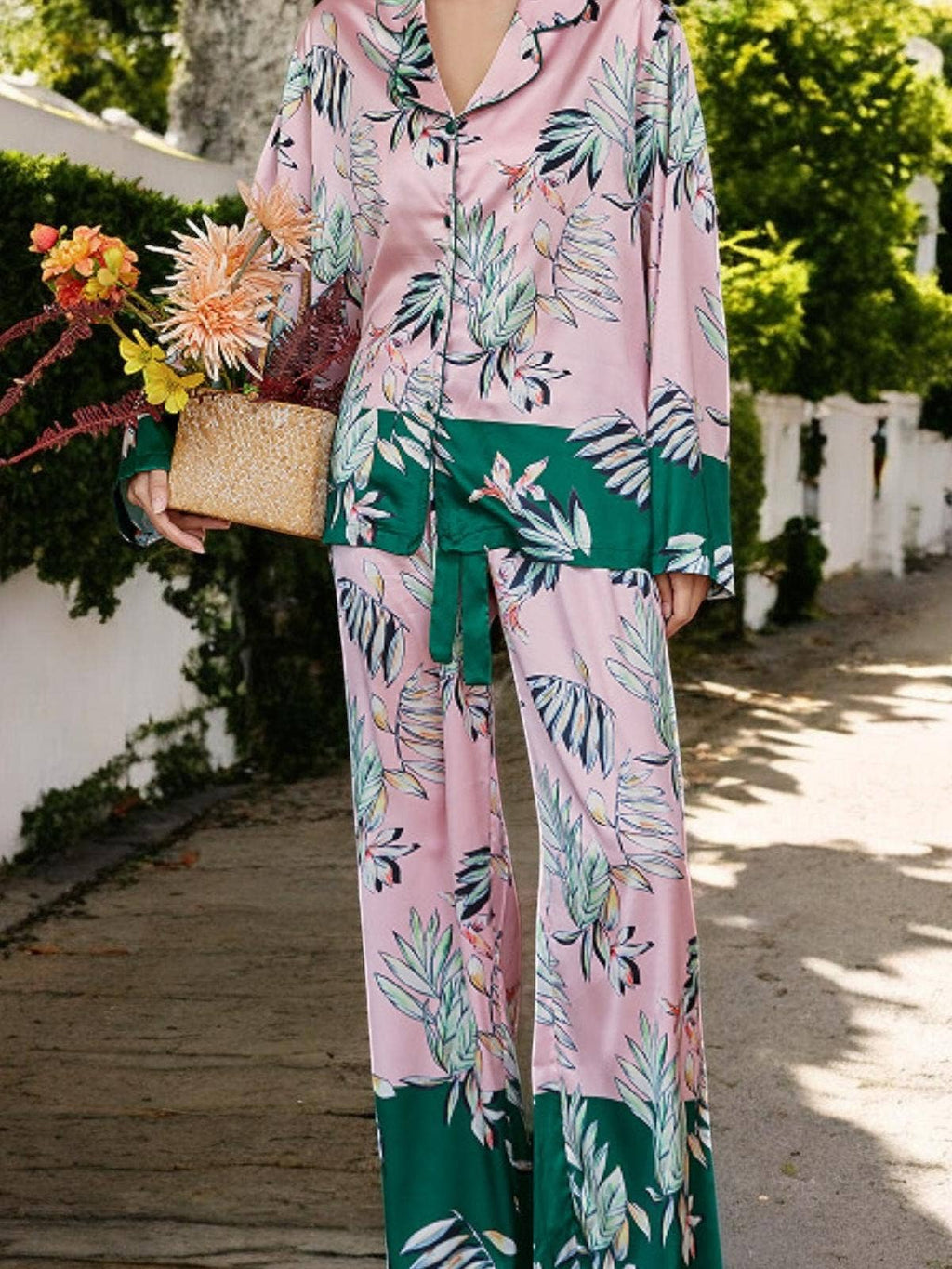 Satin Tropical Print Pajama Set