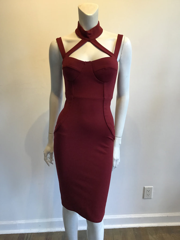 2000s Maroon Lycra Bustier Dress Size 4
