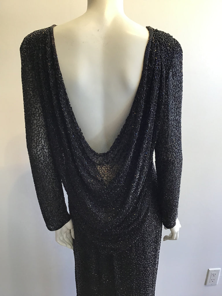 1980’s Oleg Cassini Black Beaded Silk/Rayon Evening Dress Size 10